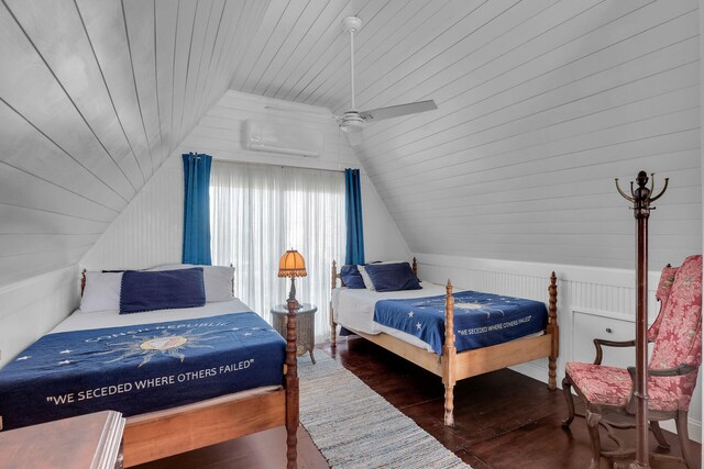 interior space featuring hardwood / wood-style flooring, ceiling fan, lofted ceiling, and wood ceiling