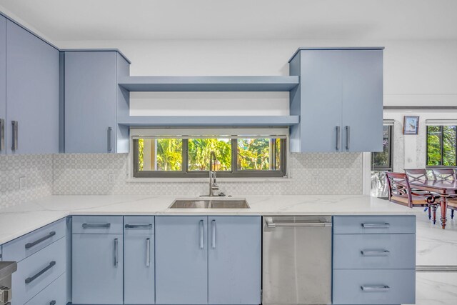 kitchen with light stone counters, sink, tasteful backsplash, and stainless steel dishwasher