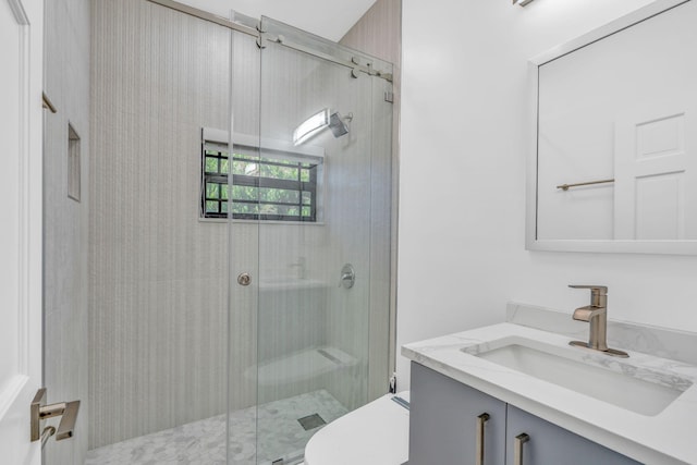 bathroom with vanity, a shower with shower door, and toilet