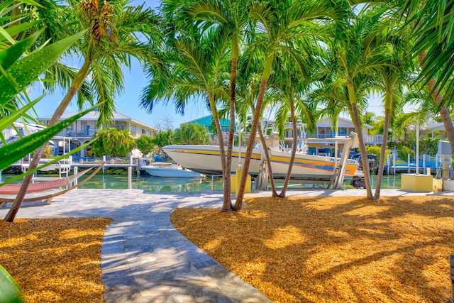 view of community with a water view and a dock