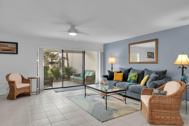 living room featuring light tile patterned floors and ceiling fan