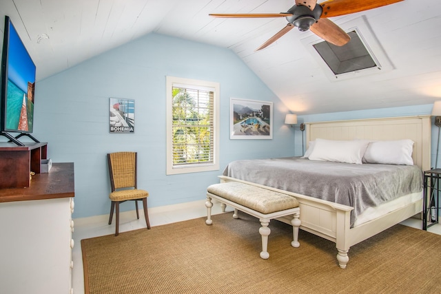 bedroom featuring lofted ceiling and ceiling fan