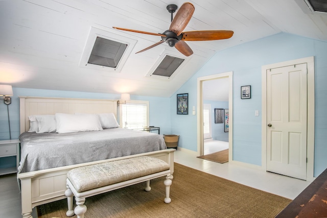 bedroom with lofted ceiling and ceiling fan