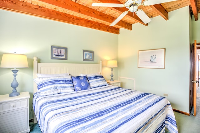 carpeted bedroom featuring wood ceiling, beamed ceiling, baseboards, and ceiling fan