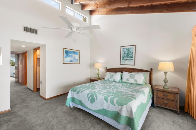 1133 W Ocean Dr Unit 2, Key Colony, FL 33051 - bedroom featuring beam ceiling, carpet flooring, baseboards, visible vents, and a towering ceiling