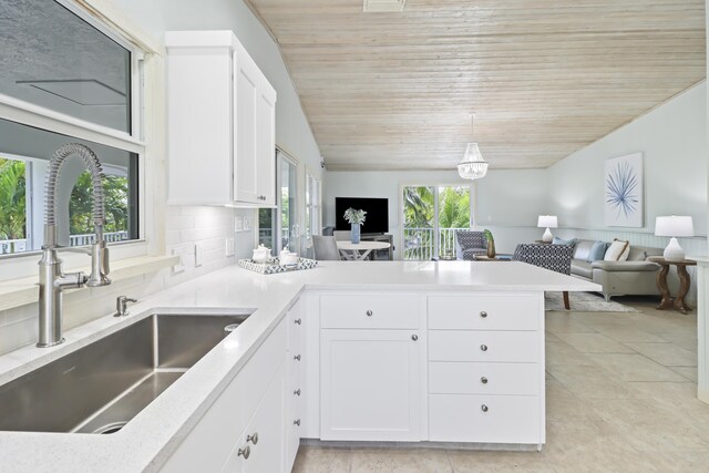 kitchen with pendant lighting, sink, white cabinets, wood ceiling, and kitchen peninsula