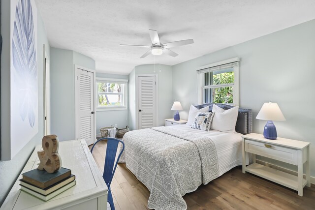 bedroom with multiple closets, ceiling fan, dark hardwood / wood-style floors, and multiple windows