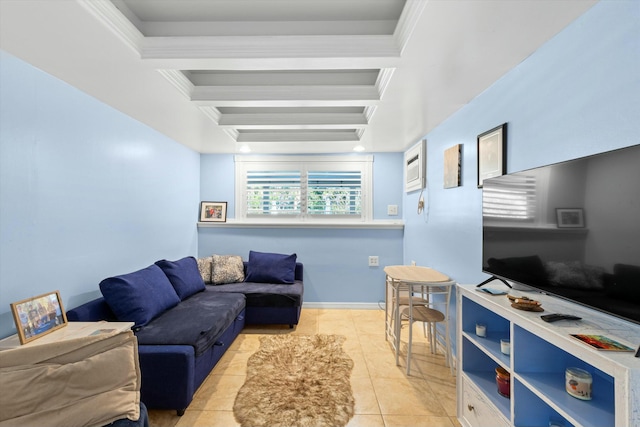 living room with light tile patterned flooring and crown molding