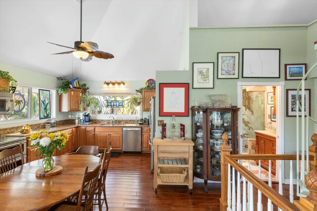 kitchen with sink, vaulted ceiling, dark hardwood / wood-style flooring, ceiling fan, and stainless steel appliances