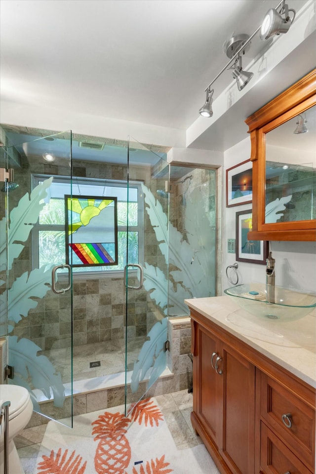 bathroom with vanity, a shower with door, and toilet