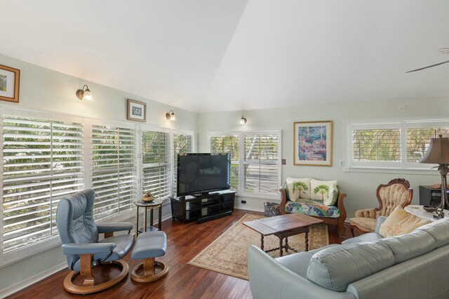 living room with dark hardwood / wood-style floors and high vaulted ceiling