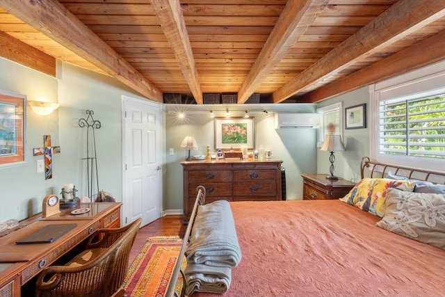 bedroom featuring beamed ceiling, wood ceiling, wood-type flooring, and a wall mounted air conditioner