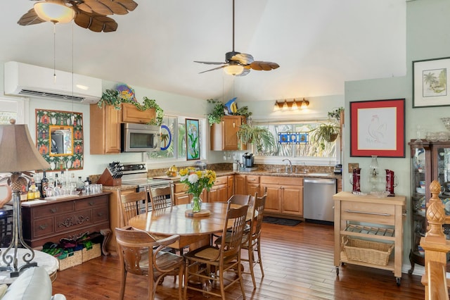 dining room featuring dark wood-type flooring, sink, a wall mounted air conditioner, high vaulted ceiling, and ceiling fan