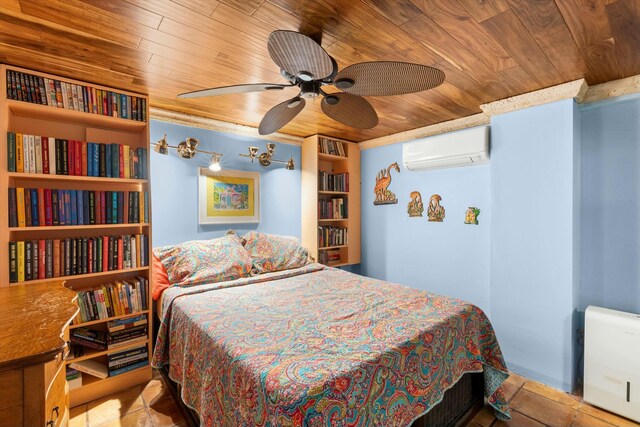 bedroom featuring wood ceiling, an AC wall unit, and ceiling fan