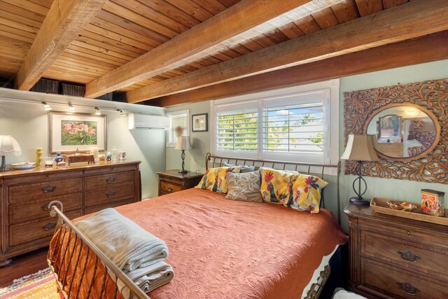 bedroom with wood ceiling, a wall mounted air conditioner, beam ceiling, and hardwood / wood-style flooring