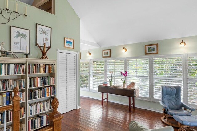 home office with dark hardwood / wood-style flooring and high vaulted ceiling