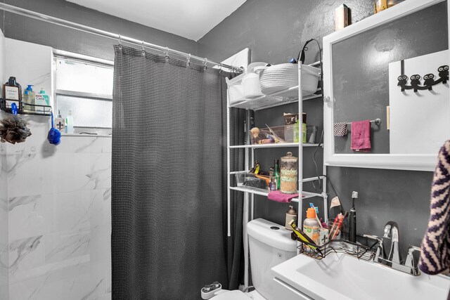 bathroom with sink, a shower with curtain, and toilet