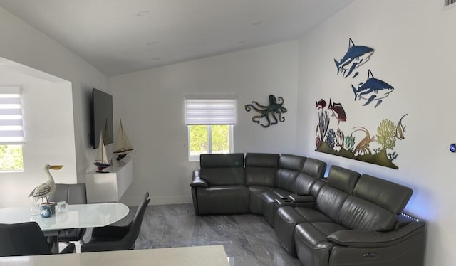 living room featuring lofted ceiling