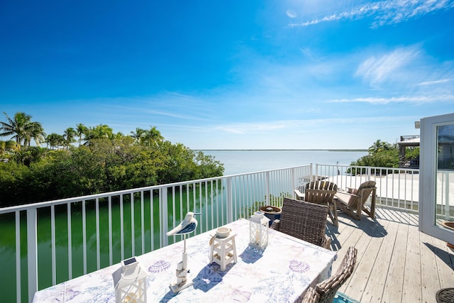 wooden deck featuring a water view