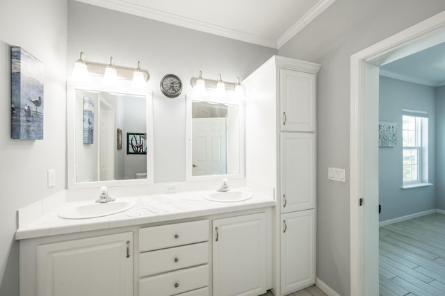 full bathroom with double vanity, ornamental molding, a sink, and baseboards