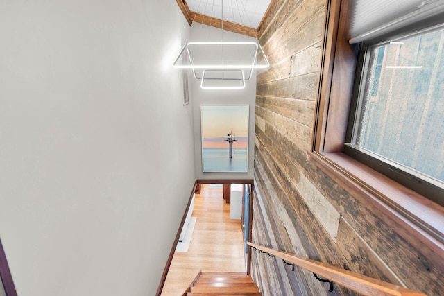 stairs with hardwood / wood-style flooring, a healthy amount of sunlight, and wood walls