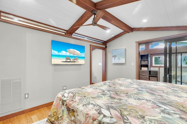 bedroom with vaulted ceiling with beams, access to outside, ceiling fan, and light wood-type flooring