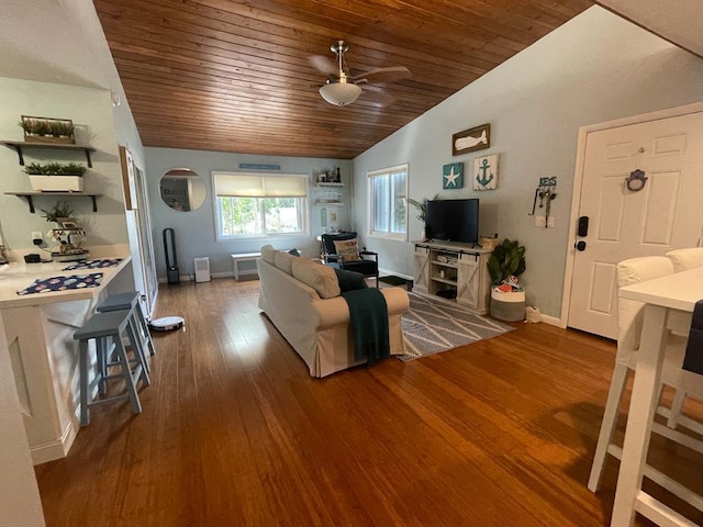 living room featuring hardwood / wood-style flooring, ceiling fan, lofted ceiling, and wooden ceiling