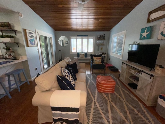 living room with lofted ceiling and wood ceiling