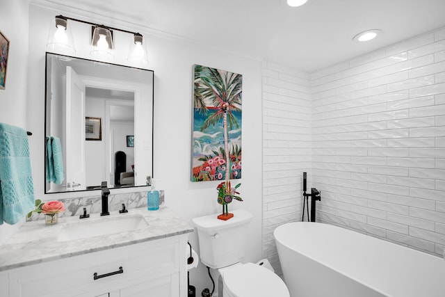 bathroom with a washtub, vanity, and toilet