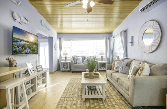 sunroom with wood ceiling, ceiling fan, and a wall mounted AC