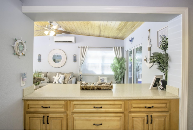 interior space featuring wood ceiling, ceiling fan, lofted ceiling, and an AC wall unit