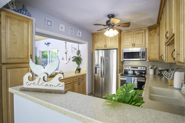 kitchen with stainless steel appliances, sink, and ceiling fan