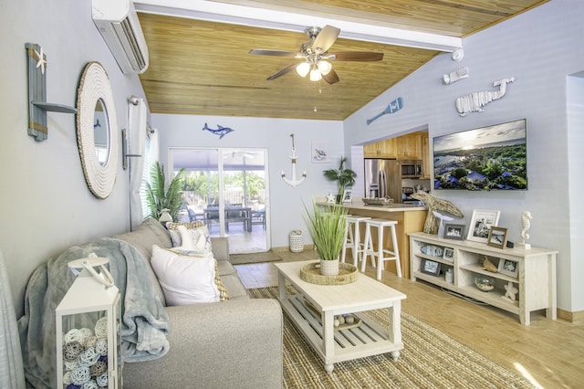 living room with hardwood / wood-style floors, lofted ceiling with beams, ceiling fan, wood ceiling, and a wall unit AC