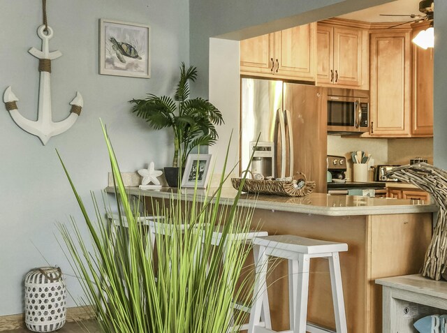 kitchen featuring stainless steel appliances, light brown cabinets, and ceiling fan