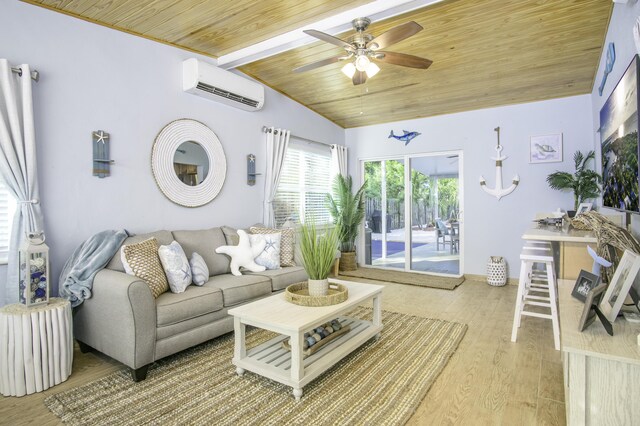 living room with vaulted ceiling, wood-type flooring, ceiling fan, wood ceiling, and a wall unit AC