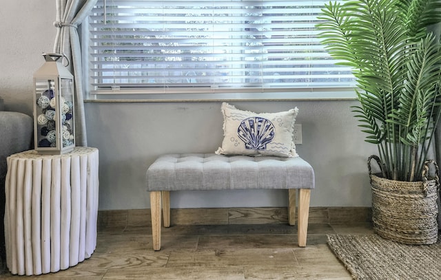 sitting room with hardwood / wood-style flooring, plenty of natural light, and radiator heating unit