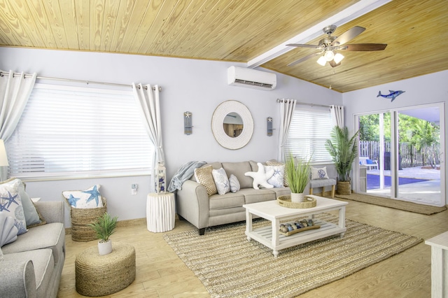 living room with an AC wall unit, lofted ceiling, wood ceiling, and light hardwood / wood-style floors