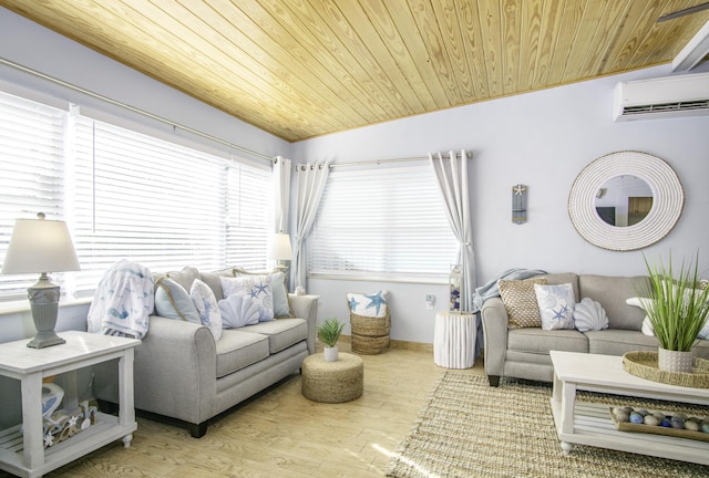 living room featuring lofted ceiling, wood ceiling, wood-type flooring, and a wall mounted AC