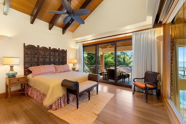 bedroom featuring high vaulted ceiling, wooden ceiling, access to outside, beam ceiling, and light hardwood / wood-style floors