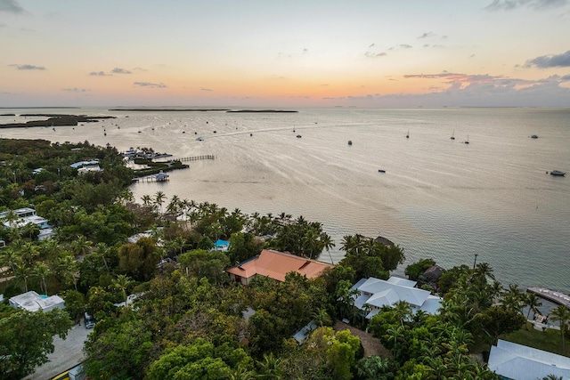 aerial view at dusk featuring a water view