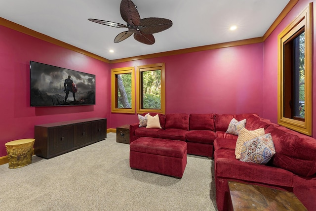 living room featuring ceiling fan and carpet flooring