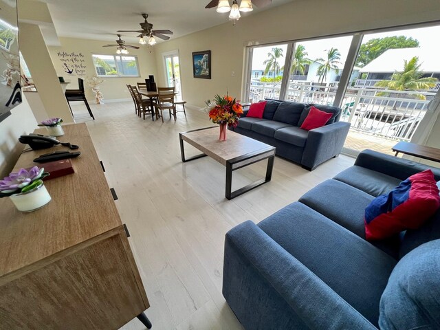 living room with ceiling fan and light hardwood / wood-style floors