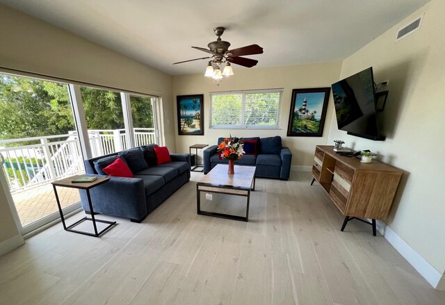 living room featuring ceiling fan and light hardwood / wood-style flooring