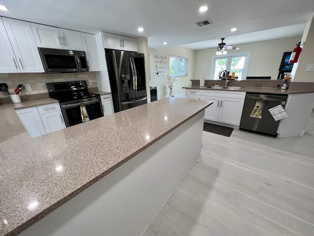 kitchen featuring black appliances, white cabinetry, sink, backsplash, and kitchen peninsula