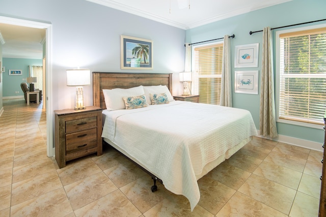 tiled bedroom with crown molding