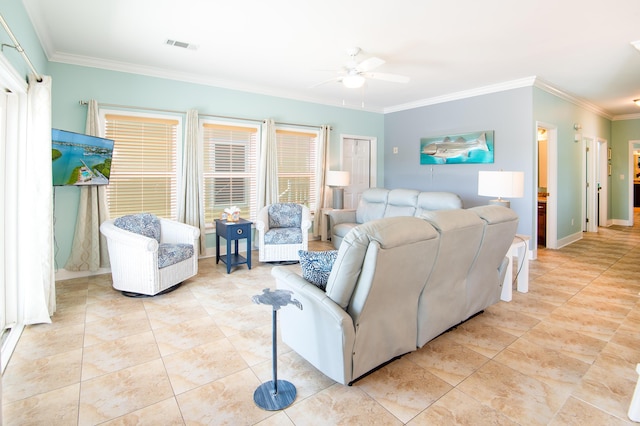 living room featuring light tile patterned floors, crown molding, and ceiling fan