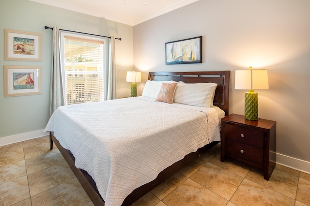 tiled bedroom featuring crown molding