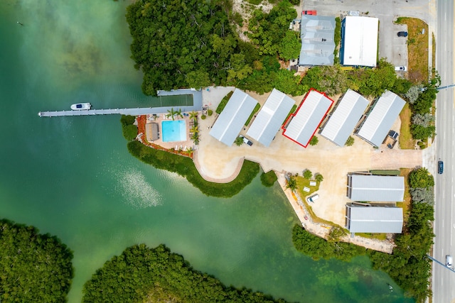 drone / aerial view featuring a water view