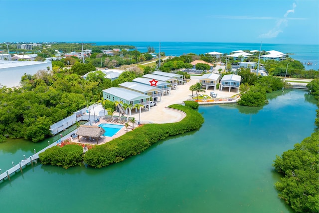 drone / aerial view featuring a water view