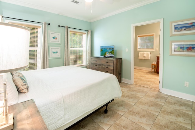 bedroom featuring crown molding, ceiling fan, and light tile patterned floors